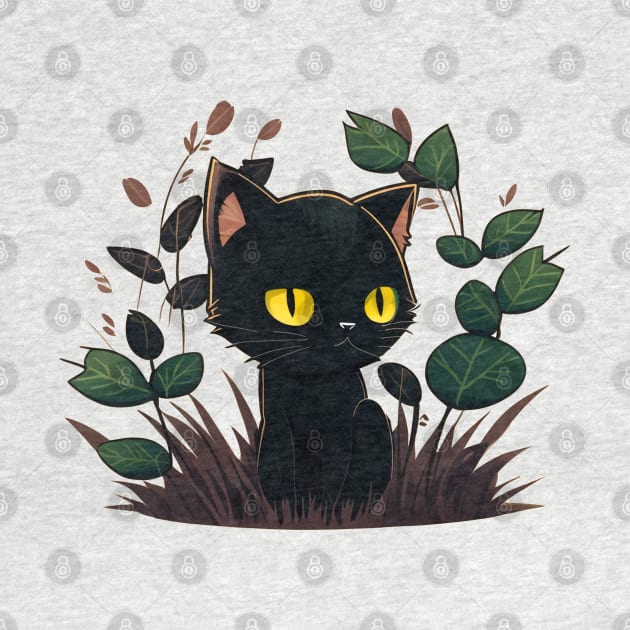 Cartoon Black Cat Sits Garden by Shirleyy Shop Arts